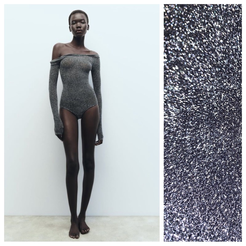 Zara Anthracite Grey/Silver Seamless Metallic Thread Bodysuit. One Size.